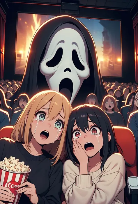 (masterpiece, best quality), 1girl, <lora:girllikescreammovie:0.8> (((scream ))), (((huge ghostface))), (((crowd))), (((big screen))), (((side face))), ((hand on own face)), ((2girls snuggle up)), ((cinema seating)), ((scared)), ((crying with eyes open)), ((off-the-shoulder sweater)), cocacola, disposable cup, popcorn, stairs, night, open mouth,