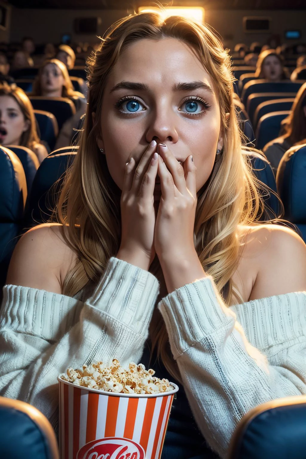 scream movie,(huge ghostface), crowd, big screen, hand on own face, covering mouth, 1girl, cinema seating, scared, off shoulder sweater, coca-cola, disposable cup, popcorn, stairs, night, high quality, masterpiece,
<lora:girllikescreammovie:.8>
<lora:Ash:.7> blonde hair, blue eyes,