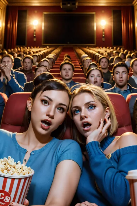 scream , crowd, big screen, hand on own face, 2girls snuggle up, cinema seating, scared, off shoulder sweater, coca-cola, disposable cup, popcorn, stairs, night, high quality, masterpiece,
<lora:girllikescreammovie:.8>
chunli, brown hair, brown eyes, hair buns, <lora:chunliSF6Default-10:.6>