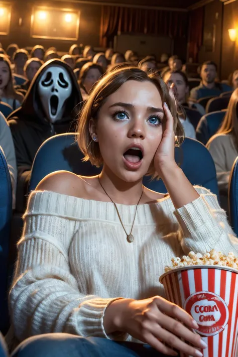 scream ,(huge ghostface), crowd, big screen, hand on own face, 1girl, cinema seating, scared, off shoulder sweater, coca-cola, disposable cup, popcorn, stairs, night, open mouth, high quality, masterpiece,
<lora:girllikescreammovie:.8>
<lora:Macy:.7>short blonde hair, blue eyes,