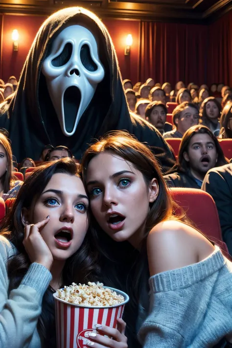 scream ,(huge ghostface), crowd, big screen, hand on own face, 2girls snuggle up, cinema seating, scared, off shoulder sweater, coca-cola, disposable cup, popcorn, stairs, night, open mouth, high quality, masterpiece,
<lora:girllikescreammovie:.8>
<lora:Isabella:.7>