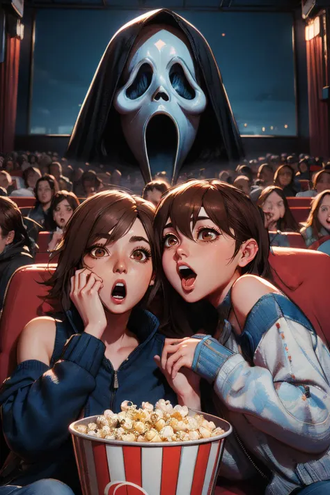 scream ,(huge ghostface), crowd, big screen, hand on own face, 2girls snuggle up, cinema seating, scared, off shoulder sweater, coca-cola, disposable cup, popcorn, stairs, night, open mouth, high quality, masterpiece,
<lora:girllikescreammovie:.8>
asuka, short brown hair, brown eyes, <lora:AsukaT7:.8>