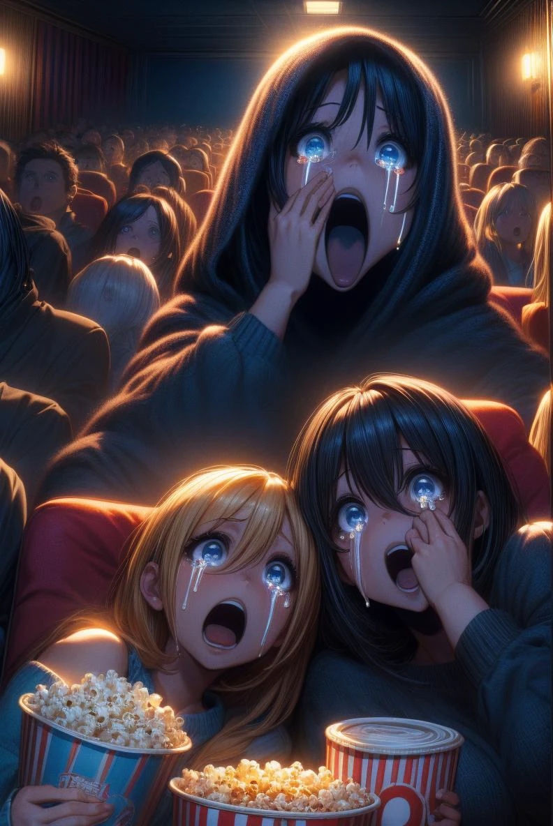 mature woman, pretty face, (((scream movie))), (((huge ghostface))), (((crowd))), (((big screen))), (((side face))), ((hand on own face)), ((2girls snuggle up)), ((cinema seating)), ((scared)), ((crying with eyes open)), ((off-the-shoulder sweater)), cocacola, disposable cup, popcorn, stairs, night, open mouth, huge breasts, wide hips, thick thighs, cinematic lighting, (chiaroscuro:1.2), absurdres, volumetric lighting, (detailed background, complex background:1.2) , masterpiece, perfect face, nice eyes and face, (super detailed), detailed face and eyes, <lora:add_detail:0.5> <lora:hairdetailer:0.6> <lora:GoodHands-beta2:0.8> <lora:girllikescreammovie:1>
