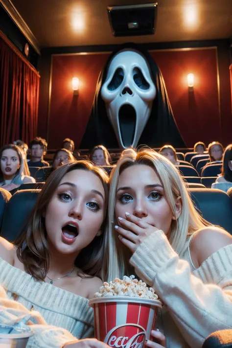 scream ,(huge ghostface), crowd, big screen, hand on own face, 2girls snuggle up, cinema seating, scared, off shoulder sweater, coca-cola, disposable cup, popcorn, stairs, night, high quality, masterpiece,
<lora:girllikescreammovie:.8>
<lora:KF2.0:.7>, brown eyes, platinum blonde hair,