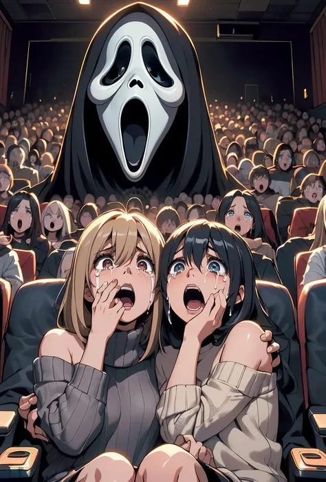 (masterpiece, best quality), 1girl, <lora:girllikescreammovie:0.8> (((scream ))), (((huge ghostface))), (((crowd))), (((big screen))), (((side face))), ((hand on own face)), ((2girls snuggle up)), ((cinema seating)), ((scared)), ((crying with eyes open)), ((off-the-shoulder sweater)), cocacola, disposable cup, popcorn, stairs, night, open mouth,