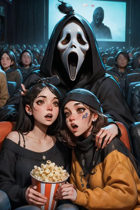 scream ,(huge ghostface), crowd, big screen, hand on own face, 2girls snuggle up, cinema seating, scared, off shoulder sweater, coca-cola, disposable cup, popcorn, stairs, night, open mouth, high quality, masterpiece,
<lora:girllikescreammovie:.8>
paik, brown eyes, black hair, <lora:paik_(battlefield_2042):.7>