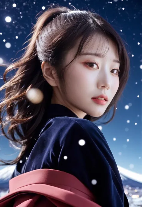 cinematic photo 1girl,(blush:1.3),
<lora:Saika_SDXL_2_reg_:1> saika,<lora:DetailedEyes_V3:1>,
eyes_focus,
(print_kimono worn in winter:1.3),looking_at_viewer,the background is mount fuji and kyoto cityscape and lake,milky way sky,(cowboy_shot:1.3),(in winter:1.2), . 35mm photograph, film, bokeh, professional, 4k, highly detailed