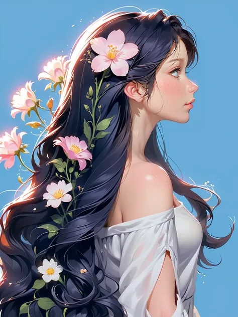 woman, portrait, side view, long hair, flowers, 1r1d3sc3nc3, <lora:1r1d3sc3nc3XL:0.75>