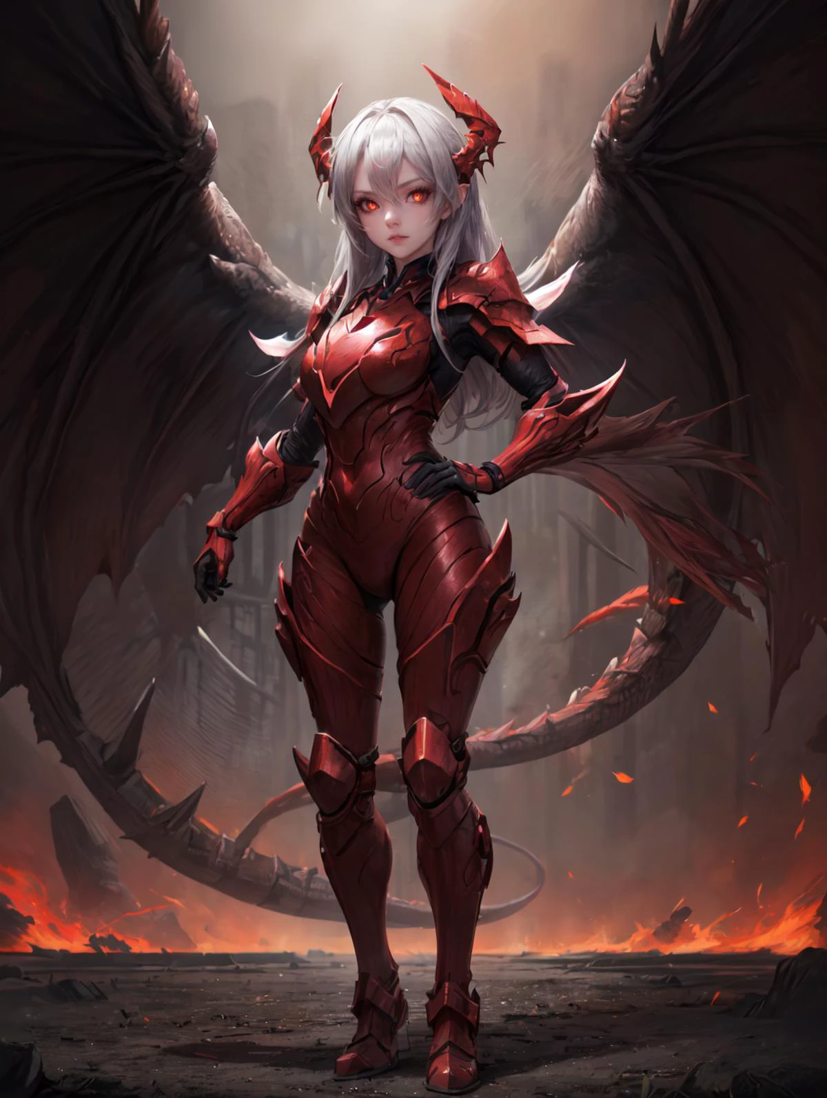 a 30yo woman, detailed face, looking at viewer, (full body shot:1.4), hdr, 8k, detailed red eyes, standing, black armor <lora:more_details:0.5>, <lora:Loraeyes_V1:0.4> loraeyes, <lora:Bright_Eyes:0.4> AGGA_ST002, bright pupils, <lora:Dragons v1:0.7> dragon, chiaroscuro lighting