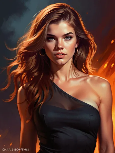wide shot oil painting by Charlie Bowater and Peter Sculthorpe in the style of Lois van Baarle, <lora:EnvySeedpaintXL02:1.00> , AnnaLynne McCord, cute fit 18 year old Tajik girl, Mahogany hair, single hair ring hair, very long hair hair, nsfw, huge breasts, sideboob, cold, ojou-sama pose, fiery background