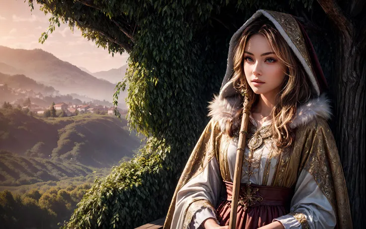 masterpiece, epic, majestic, best quality, very high resolution, 8k, hdr, digital photography, dynamic pose, glamorous 22 years old female Silesian lancer, dark brown eyes, (natural blonde hair, textured hair:1.1), looking at camera with a balanced expression, (style-swirlmagic:0.8), focus on character, solo, establishing shot, looking down, detailed background, detailed face, (renaissance theme:1.1), joyful expression, forest druid, wearing natural colored brown robes, hood, fur-lined, druid staff, feathers, sitting, restoration spell, sigils, glowing orbs, floating particles, swirling leaves in the air, vines, roots, branches, lavenders, bushes, dusk, backlighting, hills in background, ethereal peaceful atmosphere,, (iridescent:0.7), (transparent:0.8), (translucid:0.8), (reflection:0.6), (refraction:0.3), (diffraction:0.3), (caustics:0.3), volumetric lights, volumetric shadows, (subsurface scatering:0.4), physically based rendering, (intricate details:1.3), hyperdetailed, ultrarealistic, (sharp focus:1.2) <lora:hyperdenoiser_v090:1.5> <lora:add_detail:1.5>