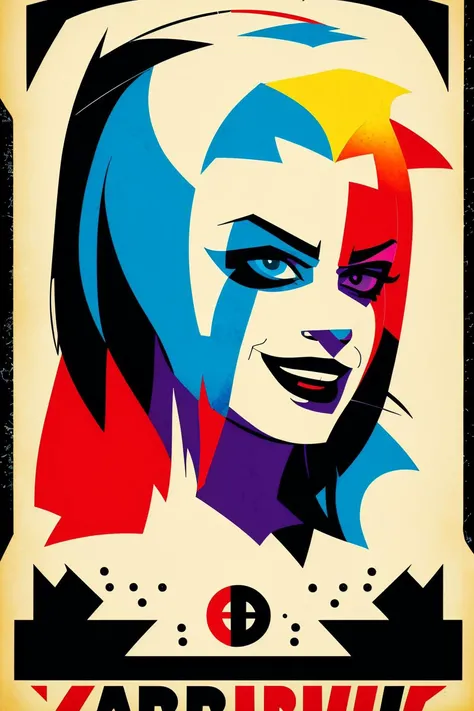 A distressed acid poster featuring a flat stylized silhouette of harleyquinn's face, with bold lettering, desaturated, grungy, vector shapes, poster edges, ripped paper texture, text, logos, black background,
highres, high resolution, sharp focus, detailed,
<lora:harleyquinn10:0.3> <lora:acid3:0.9>