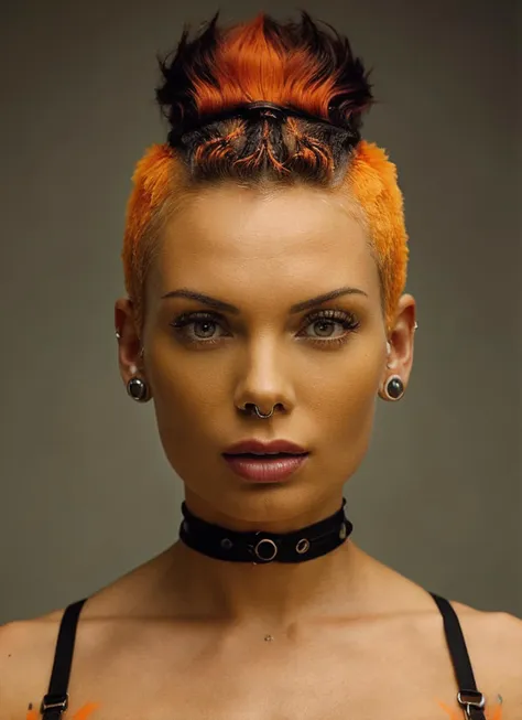 portrait of sks woman by Flora Borsi, style by Flora Borsi, bold, bright colours, orange Mohawk haircut, ((Flora Borsi)), <lora:locon_nahlamonroe_v1_from_v1_64_32:1>