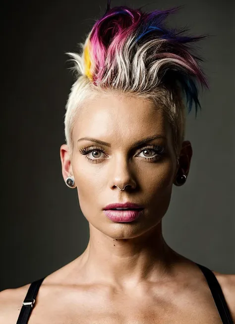 portrait of sks woman by Flora Borsi, style by Flora Borsi, bold, bright colours, rainbow Mohawk haircut, ((Flora Borsi)), <lora:locon_nahlamonroe_v1_from_v1_64_32:1>