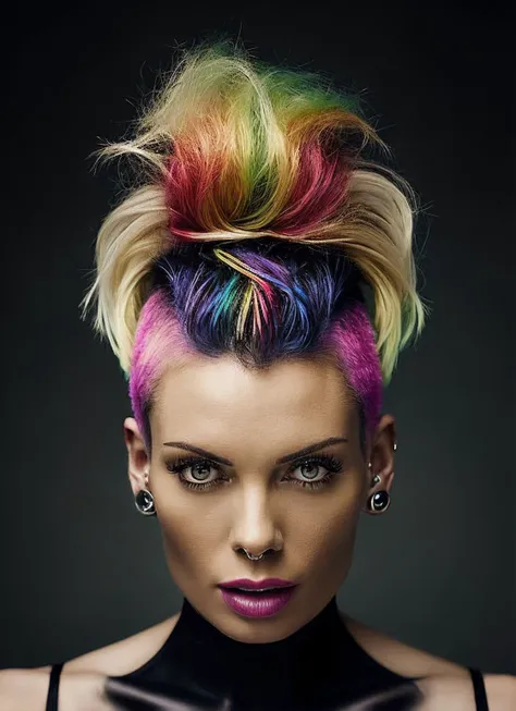 portrait of sks woman by Flora Borsi, style by Flora Borsi, bold, bright colours, rainbow Mohawk haircut, ((Flora Borsi)), <lora:locon_nahlamonroe_v1_from_v1_64_32:1>