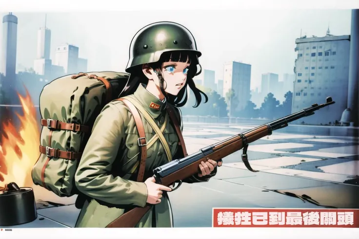 masterpiece, best quality, absurdres, high resolution, extremely detailed,1girl,  NRA1936,german helmet,helmet badge,green uniform, NRA soldier, black long hair, hime cut, blunt bangs, blue eyes, backpack,  <lora:NRAuniformv1:0.85> holding bolt action rifle,    parody, propaganda poster of  female soldier, ((full shot)),<lora:DPRKPropaganda:0.6>, battlefield, ruins, ruined street, fire, smoke, ruined city, crying with eyes open,  republic of china flag,