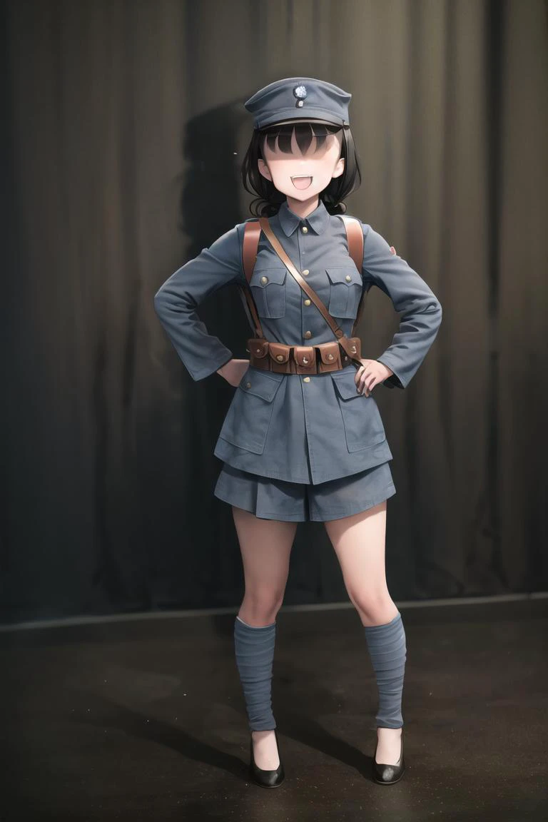 masterpiece, best quality, absurdres, high resolution, extremely detailed, 1girl, solo, <lora:NRAuniformv0:0.85> ,NRA1926, NRA cap, cap badge,light blue uniform,leather belt pouch, NRA soldier, leg wrappings,leg_wrap, infantryman's puttee, black shoes, black long hair, single braid, smile, open mouth, battlefield, outdoors, backpack, hand on hip, large breasts, narrow waist, wide hips, faceless, no eyes<lora:faceless_v1:1> <lora:shimadaFumikaneStyle_v2:1>
