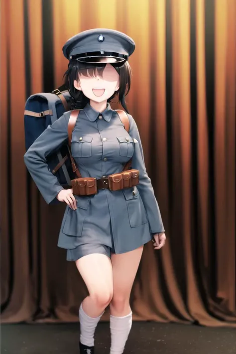 masterpiece, best quality, absurdres, high resolution, extremely detailed, 1girl, solo, <lora:NRAuniformv0:0.85> ,NRA1926, NRA cap, cap badge,light blue uniform,leather belt pouch, NRA soldier, leg wrappings,leg_wrap, infantryman's puttee, black shoes, black long hair, single braid, smile, open mouth, battlefield, outdoors, backpack, hand on hip, large breasts, narrow waist, wide hips, faceless, no eyes<lora:faceless_v1:1> <lora:shimadaFumikaneStyle_v2:1>,legs bondage,