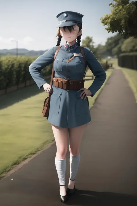 masterpiece, best quality, absurdres, high resolution, extremely detailed, 1girl, solo, <lora:NRAuniformv0:0.75>, leather belt pouch, belt, black long hair, blunt bangs, green eyes, smile, battlefield, outdoors, uniform, military_uniform, military, NRA1926, peaked cap, (((red scarf))), cap badge,light blue uniform, black long boots,NRA officer, large breasts, narrow waist, <lora:ooyari-style_v1.0:0.9>