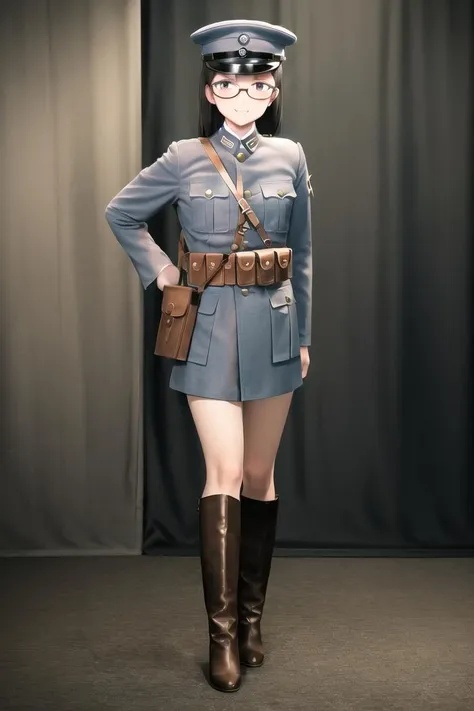 masterpiece, best quality, absurdres, high resolution, extremely detailed, 1girl, solo,  NRA1926, NRA cap, cap badge,light blue uniform,leather belt pouch, NRA soldier, leg wrappings,
leg_wrap, infantryman's puttee, black shoes,  black long hair, blunt bangs,  twintails, twin braids,   smug, battlefield,  ruined city,  landscape,  outdoors,  hand on hip, large breasts,  narrow waist, wide hips, faceless, no eyes<lora:faceless_v1-000010:0.9> <lora:NRAuniformv0:0.75> <lora:shimadaFumikaneStyle_v2:1>