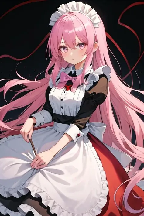 best quality, masterpiece, highres, solo, {maid:1.40}, {long maid dress:1.15}, {hata_no_kokoro_touhou:1.15}, long_hair, pink_hair, pink_eyes, plaid, bow, expressionless, bangs, bowtie, very_long_hair, hair_between_eyes