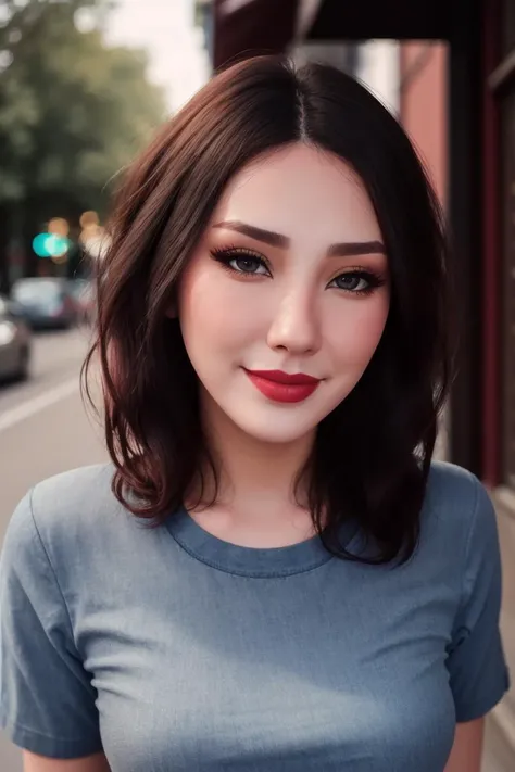 <lora:laurenchen-05:0.8>,,laurenchen, (epic),((detailed eyes, detailed face, detailed skin):1.2), ,photo of a woman, RAW,  close portrait photo, ((t-shirt, jeans)),((short hair)), ((outdoors, city street, walking)), slim body, ((detailed skin, detailed face):1.2), ((detailed eyes, beautiful eyes)), 8k uhd, dslr, soft lighting, high quality, film grain, Fujifilm XT3 sharp focus, f 5.6,((red lipstick, blush)) , smiling