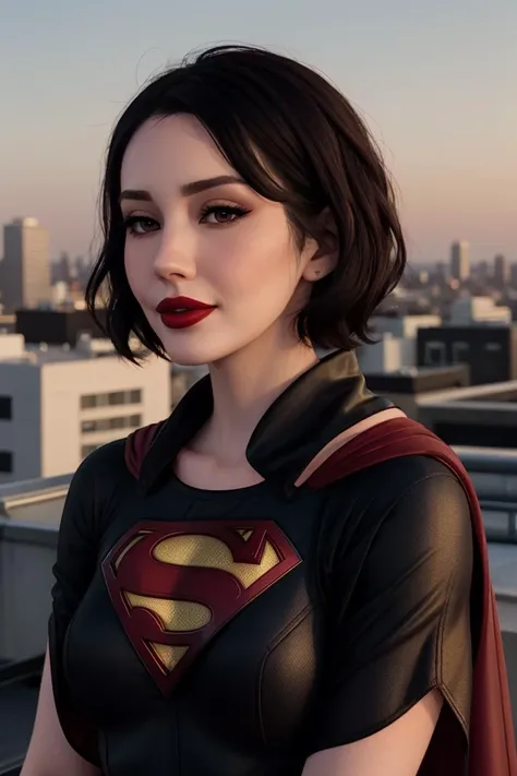 <lora:laurenchen-08:0.5>,,laurenchen,((red lipstick, blush, pale skin)),  ,photo of a woman, RAW, ((superman costume, superman logo, cape)),((short hair, pixie cut, messy hair, black hair)), ((rooftop, city, at night)), 8k uhd, dslr, soft lighting, high quality, film grain, Fujifilm XT3 sharp focus, f 5.6,((red lipstick, blush)) , slight smile