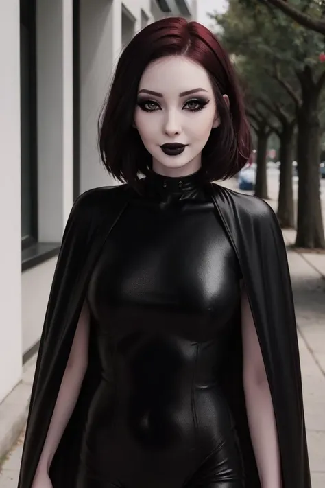 <lora:laurenchen-08:0.5>,,laurenchen,((red lipstick, blush, pale skin)),  ,photo of a woman, RAW,  ((black bodysuit, cape)),((short hair, dark red hair)), ((outdoors, detailed scifi city, walking)), slim body, ((detailed skin, detailed face):1.2), ((detailed eyes, beautiful eyes)), 8k uhd, dslr, soft lighting, high quality, film grain, Fujifilm XT3 sharp focus, f 5.6,((black lipstick, heavy eyeliner, heavy eye shadow, goth makeup, pale skin)) , smiling