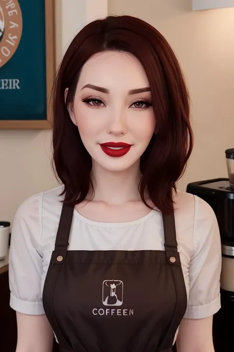 <lora:laurenchen-08:0.6>,,laurenchen,((red lipstick, blush)),  ,photo of a woman, RAW, ((barista uniform, apron, coffee)), ((short hair, dark red hair)), ((in a coffee shop)), , ((detailed skin, detailed face):1.2), ((detailed eyes, beautiful eyes)), 8k uhd, dslr, soft lighting, high quality, film grain, Fujifilm XT3 sharp focus, f 5.6,((red lipstick, pale skin)) , smiling