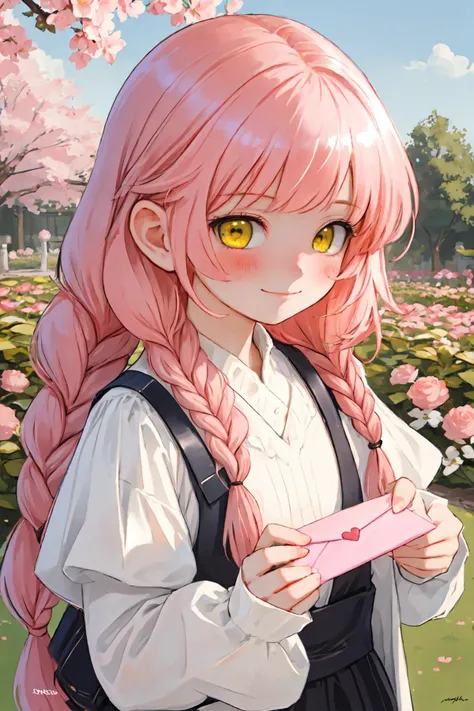 ultra-detailed, masterpiece, highest quality,
cute,little,(((girl))),(flat body),(yellow eyes),(shiny pink hair,braid,spiked hair),(shiny pale skin),random cute faces,
blush,passionate,looking at the viewer,shy expression,soft smile,embarrased,love letter, pov, hearts,<lora:loveletterv3:1>,
outside,in the luxurious garden,background cherry blossoms,
epic,17th,oil painting old master,perfect composition,sharp colors,hyperrealistic,detail,dynamic light,cinematic light,group shot,zoom camera,