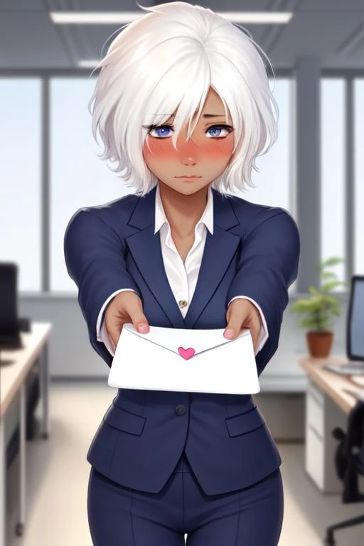 <lora:love letter:1> love letter, pov, (short white hair:1.2), blue eyes, dark skin, blush, shy, face focus, office worker, mature female, business suit, heart