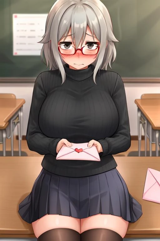 <lora:love letter:1> love letter, (pov:1.2), school, mature female, grey hair, black sweater, big breasts, red glasses, heart, blush, shy, embarrassed, eye focus, ultra-detailed, masterpiece, highest quality, thighhighs, skirt, sitting on desk, (black eyes:1.2)