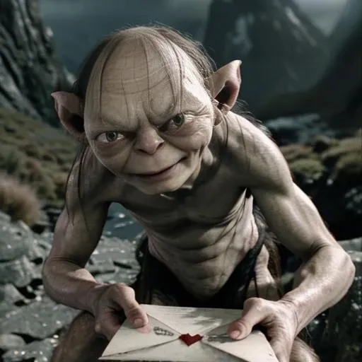 masterwork, best quality, ultra high res, cinematic lighting,
movie still from Lord of the Rings showing a comedic scene of smeagol presenting a love letter <lora:lord_of_the_rings_offset:0.7>,
in Mordor,outdoors, mountains,dark background, sharp image, sharp background,
(facing viewer, looking at viewer,giving letter to viewer:1.5),
<lora:loveletterv3:0.7>,(small love letter with heart,blushing:1.5), pov,
(smeagol, ugly, fierce, grumpy:1.3), crouching, funny,comedic, realistic, <lyco:smeagol_v2.0:0.5>