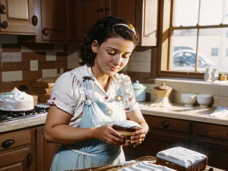 film, photograph, a woman is happily baking a cake in the kitchen, masterpiece, <lora:k0d4chrom3:1>