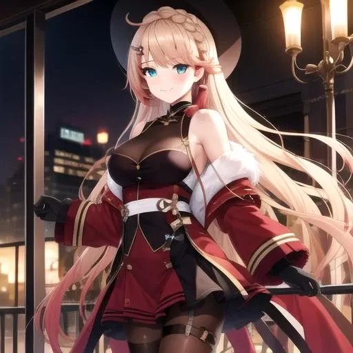 ((masterpiece)),(best quality),official art,extremely detailed CG,unity 8k wallpaper,ultra detailed,1girl,solo,cowboy shot,howe (azur lane),long hair,looking at viewer,blush,smile,fringe,large breasts,long sleeves,aqua eyes,sparkle,fur trim,floating hair,gradient hair,side braid,lacing,double buttons,brown gloves,hair ornament,black pantyhose,thigh strap,transparent clothing,short dress,knee boots,tassel,red dress,hair tubes,fur collar,sleeve cuffs,cross-laced footwear,sash,iron cross,<lora:Howe(azur)>,