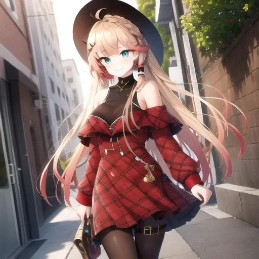 ((masterpiece)),(best quality),official art,extremely detailed CG,unity 8k wallpaper,ultra detailed,1girl,solo,cowboy shot,howe (noble rouge) (azur lane),ahoge,aqua eyes,bare shoulders,black footwear,black headwear,black legwear,blonde hair,boots,french braid,frilled dress,frills,hair ornament,hairclip,long hair,long sleeves,looking at viewer,medium breasts,off-shoulder dress,black_pantyhose,plaid dress,red dress,sleeveless shirt,sleeveless turtleneck,smile,thigh strap,undershirt,<lora:Howe(azur)>,