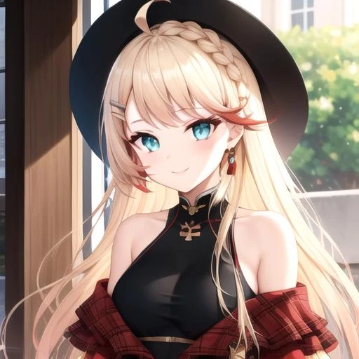 ((masterpiece)),(best quality),official art,extremely detailed CG,unity 8k wallpaper,ultra detailed,1girl,solo,upper body,(portrait:1.2),howe (noble rouge) (azur lane),ahoge,aqua eyes,bare shoulders,black footwear,black headwear,black legwear,blonde hair,boots,french braid,frilled dress,frills,hair ornament,hairclip,long hair,long sleeves,looking at viewer,medium breasts,off-shoulder dress,black_pantyhose,plaid dress,red dress,sleeveless shirt,sleeveless turtleneck,smile,thigh strap,undershirt,<lora:Howe(azur)>,