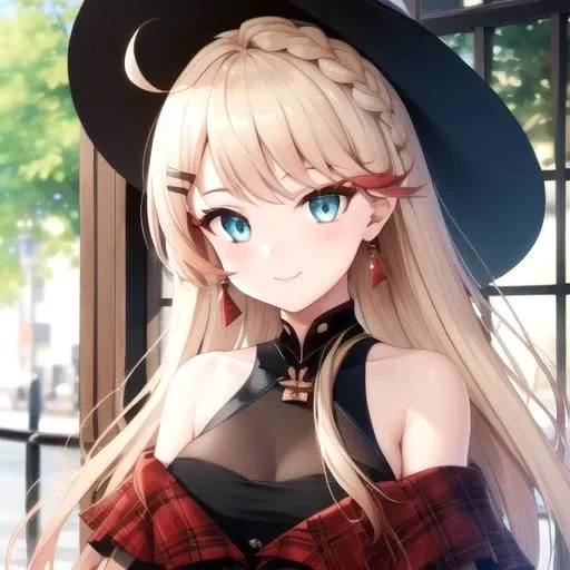 ((masterpiece)),(best quality),official art,extremely detailed CG,unity 8k wallpaper,ultra detailed,1girl,solo,upper body,(portrait:1.2),howe (noble rouge) (azur lane),ahoge,aqua eyes,bare shoulders,black footwear,black headwear,black legwear,blonde hair,boots,french braid,frilled dress,frills,hair ornament,hairclip,long hair,long sleeves,looking at viewer,medium breasts,off-shoulder dress,black_pantyhose,plaid dress,red dress,sleeveless shirt,sleeveless turtleneck,smile,thigh strap,undershirt,<lora:Howe(azur)>,