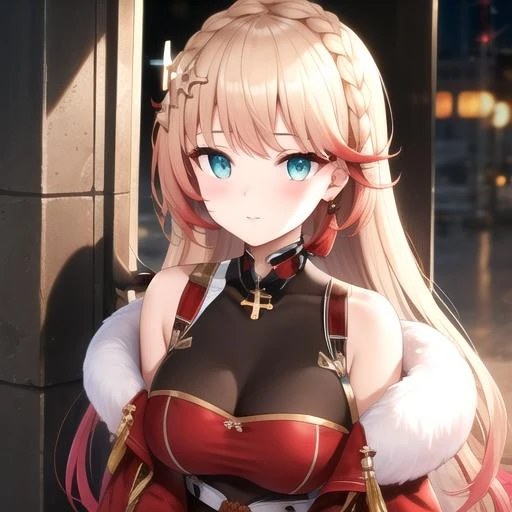 ((masterpiece)),(best quality),official art,extremely detailed CG,unity 8k wallpaper,ultra detailed,1girl,solo,upper body,(portrait:1.2),howe (azur lane),long hair,looking at viewer,blush,fringe,large breasts,long sleeves,aqua eyes,sparkle,fur trim,floating hair,gradient hair,side braid,lacing,double buttons,brown gloves,hair ornament,black pantyhose,thigh strap,transparent clothing,short dress,knee boots,tassel,red dress,hair tubes,fur collar,sleeve cuffs,cross-laced footwear,sash,iron cross,<lora:Howe(azur)>,