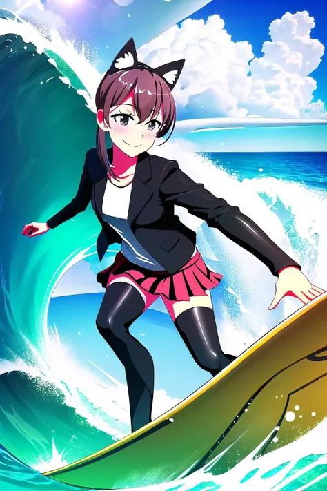 Highly detailed, High Quality, Masterpiece, beautiful, Elon-chan, <lora:Elonchan:0.8>, cowboy shot, light smile, red skirt, black thighhighs, black jacket, shirt, surfing, waves, <lora:Pos_Surfing:0.7>, 3d