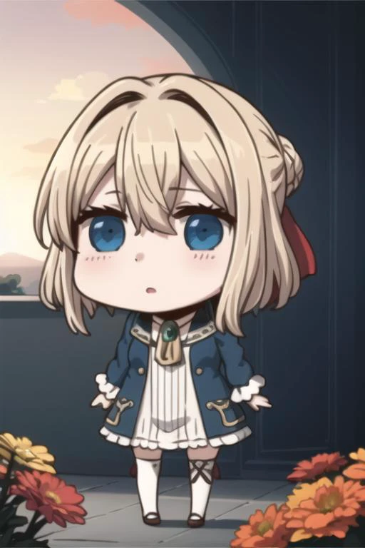 <lora:fgo_aprilfool_v2:0.9>, <lora:violetEvergarden_v10:0.7>, 1girl, sunset, brooch, violet_evergarden, solo, jewelry, blonde_hair, long_sleeves, ribbon, blue_eyes, jacket, dress, gem, hair_ribbon, blue_sky, flower field, full body, chibi