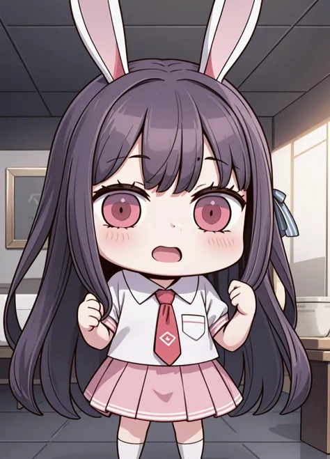 (masterpiece, best quality, ultra-detailed, best shadow), (extremely detailed CG unity 8k wallpaper:1.2),
<lora:fgo_aprilfool_v2:0.9>, chibi, full body, april fools
1girl, solo, reisen udongein inaba,purple hair,very long hair, rabbit ears, red eyes,necktie, short sleeves, white shirt,pink skirt, blush, ohegao face, open mouth