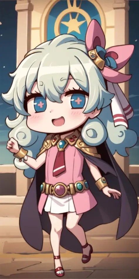 <lora:fgo_aprilfool_v2:0.9>, chibi,full body,+ +, 1girl, bangs, belt, blonde hair, blush, dress, eyebrows visible through hair, flower, gem, hair between eyes,hair ornament, jewelry, long hair, necklace, neckwear, open mouth, pink dress, red neckwear, sleeveless, smile, solo,wristband, nia teppelin, looking at viewer, white cape, solo,<lora:niaTeppelinTengenToppaGurrenLagann_v20a:0.6>