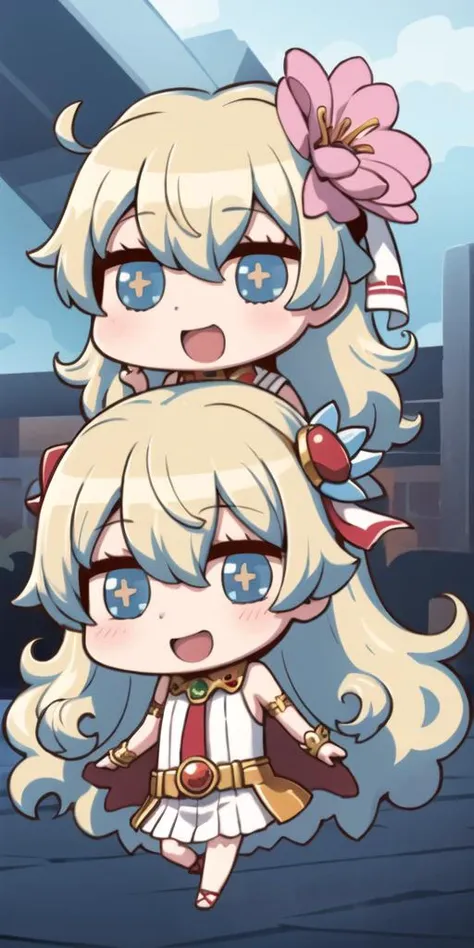<lora:fgo_aprilfool_v2:0.9>, chibi,full body,+ +, 1girl, bangs, belt, blonde hair, blush, dress, eyebrows visible through hair, flower, gem, hair between eyes,hair ornament, jewelry, long hair, necklace, neckwear, open mouth, pink dress, red neckwear, sleeveless, smile, solo,wristband, nia teppelin, looking at viewer, white cape, solo,absurdly long hair, <lora:niaTeppelinTengenToppaGurrenLagann_v20a:0.6>