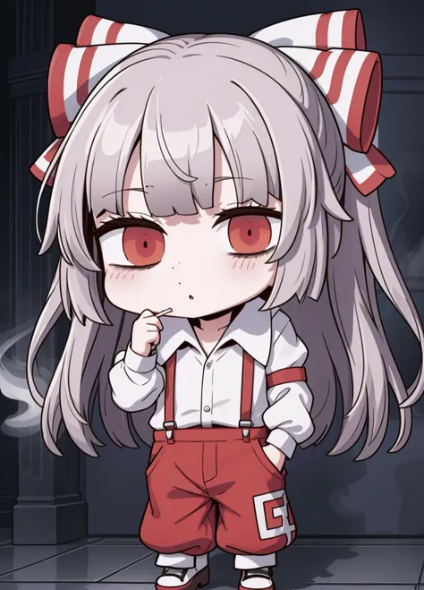 (masterpiece, best quality, ultra-detailed, best shadow), (extremely detailed CG unity 8k wallpaper:1.2),
<lora:fgo_aprilfool_v2:0.9>, chibi, full body, april fools
1girl, solo,fujiwara_no_mokou_touhou, long_hair, bow, hair_bow, red_eyes, white_hair, suspenders, very_long_hair, bangs, white_bow, hair_ribbon, Bags under eyes <lora:bags under eyes:1>
collared_shirt, shirt, white_shirt, long_sleeves, red_footwear, red_pants, pants
a man with a cigarette in his mouth, (smoke, mouth), <lora:smoking_cigarettes_anime_v1-06:0.5>