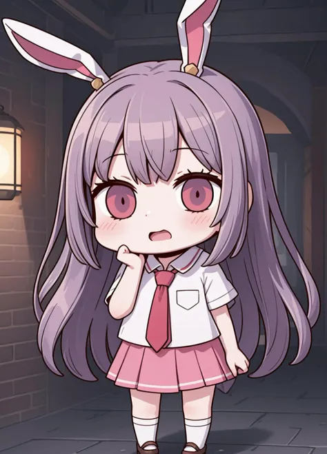 (masterpiece, best quality, ultra-detailed, best shadow), (extremely detailed CG unity 8k wallpaper:1.2),
<lora:fgo_aprilfool_v2:0.9>, chibi, full body, april fools
1girl, solo, reisen udongein inaba,purple hair,very long hair, rabbit ears, red eyes,necktie, short sleeves, white shirt,pink skirt, blush, ohegao face, open mouth