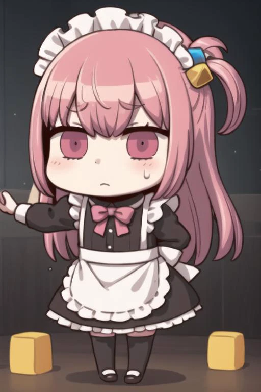<lora:fgo_aprilfool_v2:0.9>, 1girl, solo, chibi, full body, <lora:hitoriGotohBocchiThe_v1:0.65>, bow, cube hair ornament, dress, frills, gloom (expression), hair ornament, long hair, maid, maid apron, maid headdress, one side up, pink hair, shoes, short dress, solo, sweatdrop, white thighhighs, eyebrows hidden by hair,