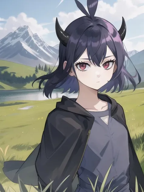 secre swallowtail, 1girl, white background, solo, looking at viewer, dress, long sleeves, closed mouth, collarbone, expressionless, demon horns, <lora:Nero:1>, cowboy shot, strong wind, mountain top, grass, tall grass, trees, lake, hands behind back, hdr, bloom, hig resolution, cinematic lighting, light shafts, detailed eyes, detailed face