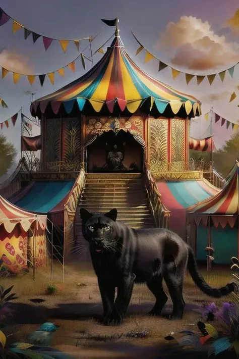 1 animal, black panther, cat , CircusPunkAI, colorful,
front of a circus tent, no humans, birds on trees,
illustration, in style of William Morris