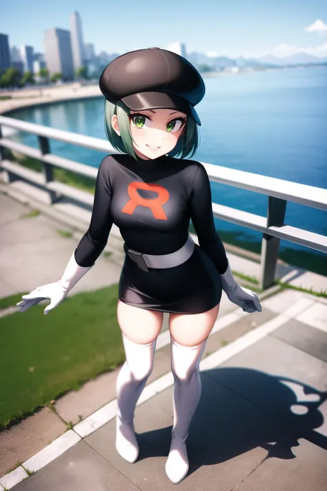 masterpiece, trgrunthgss, 1girl, solo, looking at viewer, smile, short hair, detailed background, thighhighs, gloves, hat, city background, dress, standing, full body, green hair, boots, parted lips, belt, white gloves, green eyes, black dress, zettai ryouiki, eyelashes, black headwear, thigh boots, short dress, white footwear, grey footwear, white belt, grey gloves, team rocket, grey belt, team rocket uniform, from above,<lora:Team_Rocket_Grunt_HGSS:0.6>  <lora:more_details:0.3>